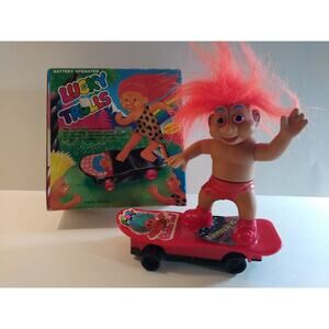 Vintage Lucky Trolls Skateboarder Troll Doll Red Hair Battery Operated W/ Box